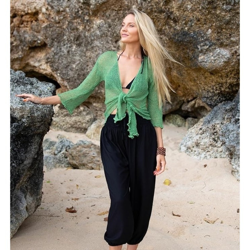 Shu-Shi Sheer Tie Top Cardigan Womens One Size Green Beach Y2K Fairy Boho